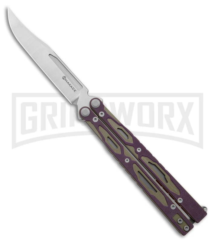 Maxace Unicorn Purple/Green G-10 Balisong Butterfly Knife - Bowie Satin Plain 1 Maxace Unicorn Purple/Green G-10 Balisong Butterfly Knife - Bowie Satin Plain