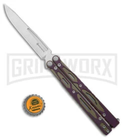 Maxace Unicorn Purple/Green G-10 Butterfly Knife - Spear Point Satin Plain -Blades Maxace Unicorn Balisong Butterfly Purple Green G10 Satin SP GX 40487 jr bottlecap large